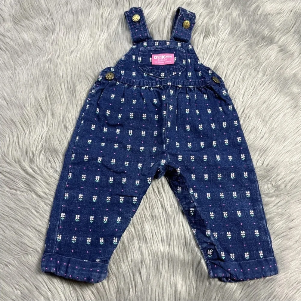 Vintage Oshkosh Bgosh Baby Girls Denim Blue White Pink Floral Overalls
